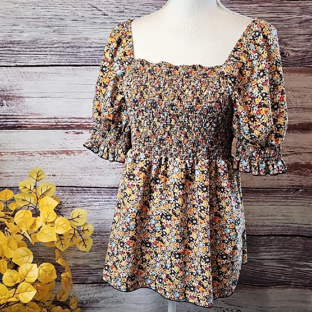 NEW SHEIN CURVE VCAY PLUS DITSY FLORAL SQUARE NECK PEPLUM BLOUSE TOP